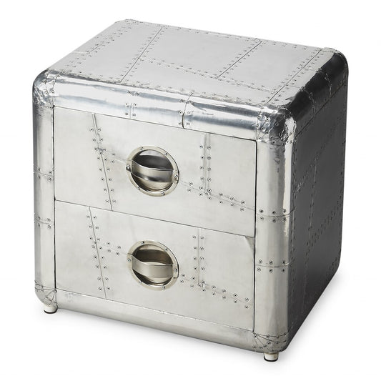 20" Silver Aluminum End Table With Two Drawers
