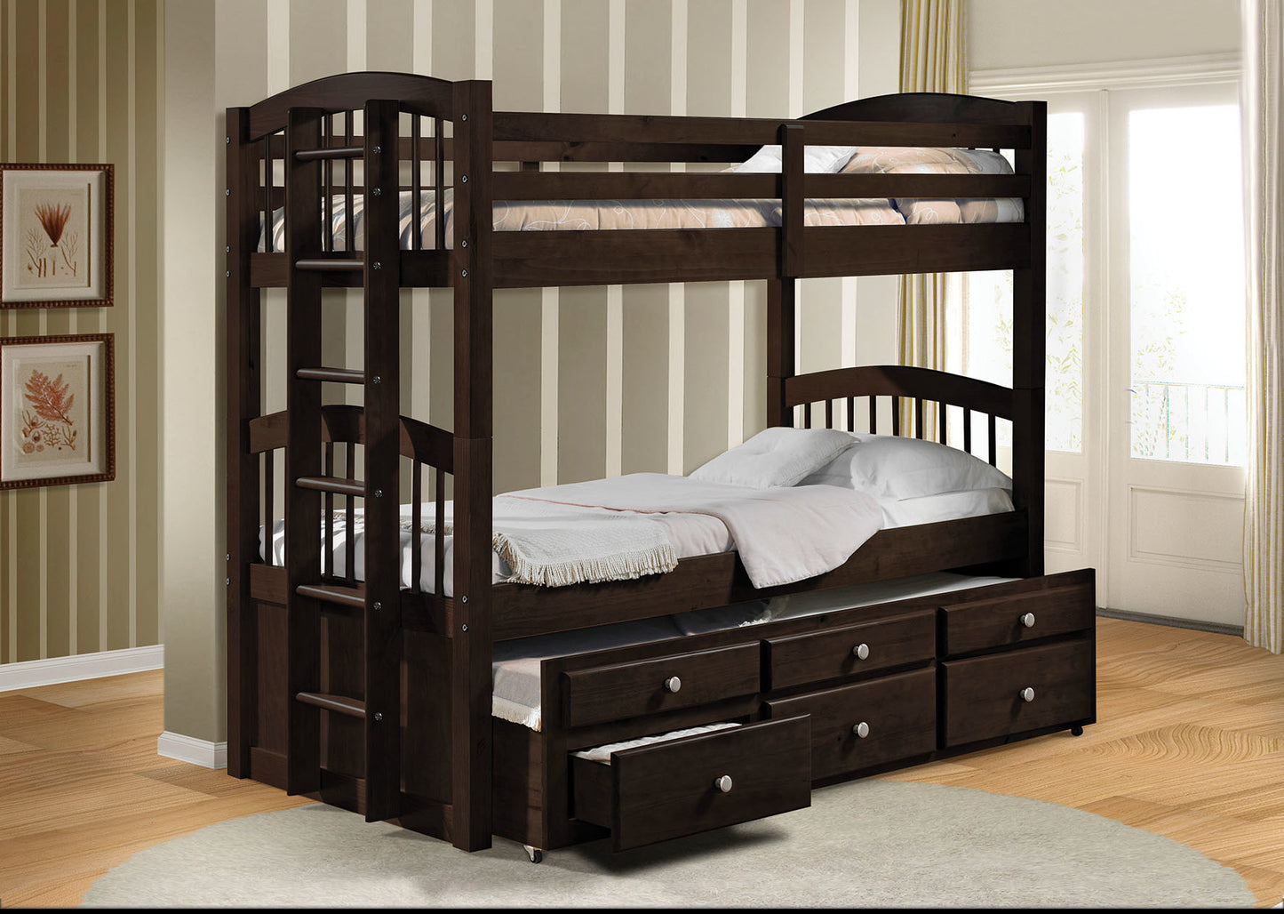 80" X 41" X 71" Espresso Twin Over Twin Bunk Bed And Trundle With 3 Drawers