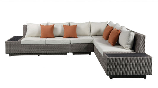 126' X 100' X 30' Beige Fabric And Gray Wicker Patio Sectional And Cocktail Table