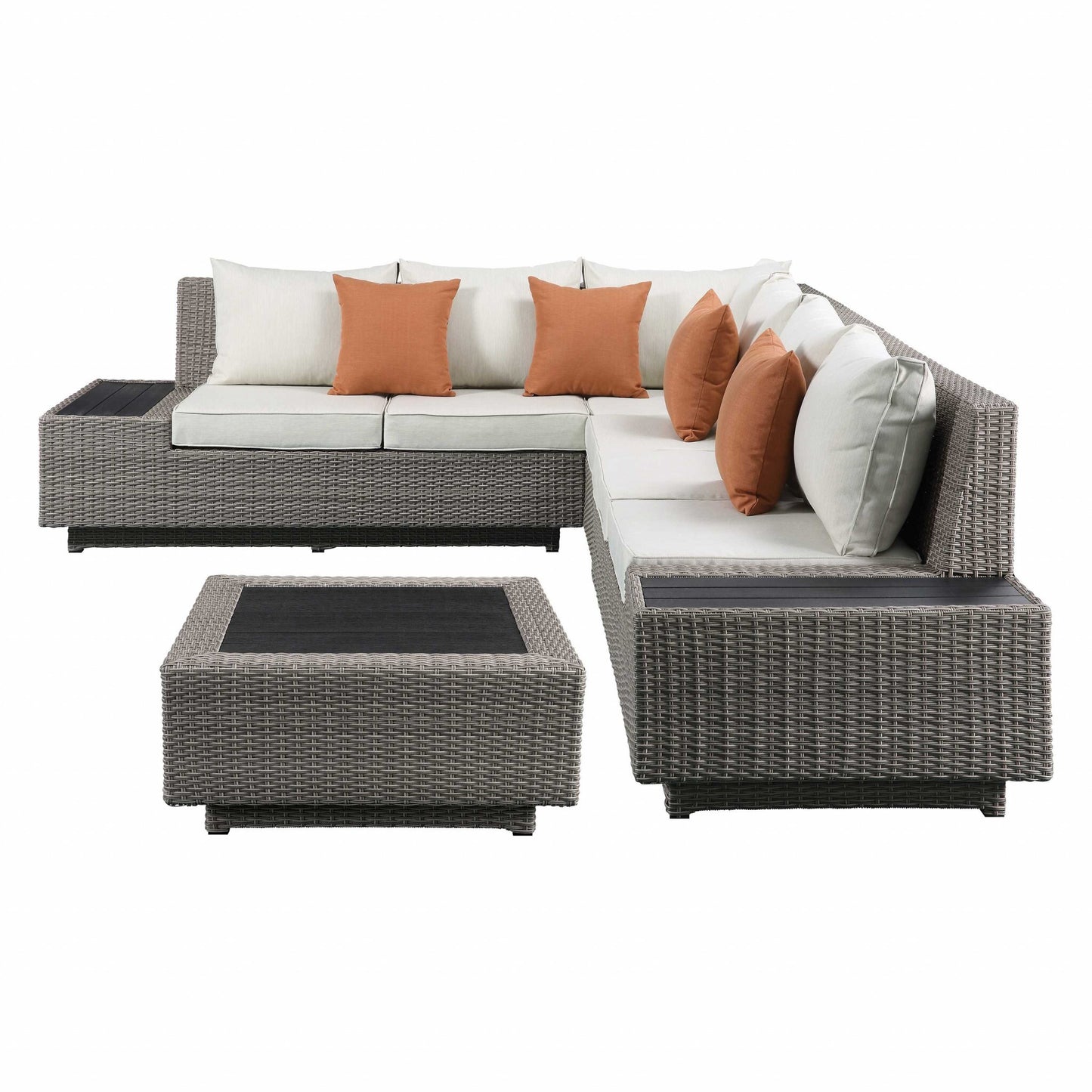 126' X 100' X 30' Beige Fabric And Gray Wicker Patio Sectional And Cocktail Table