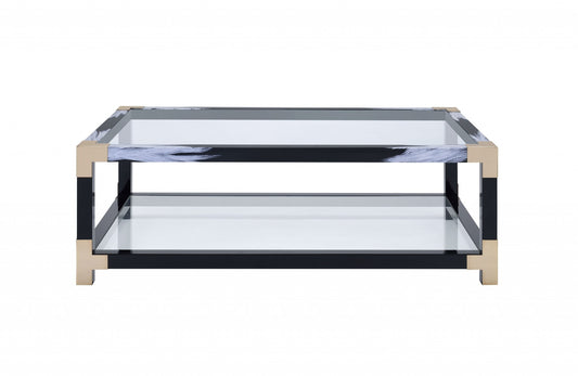 54' X 18' X 34' White Brushed Black Gold And Clear Glass Coffee Table
