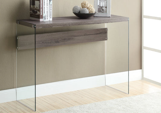 15.75" X 44" X 32" Dark Taupe Clear Particle Board Tempered Glass  Accent Table