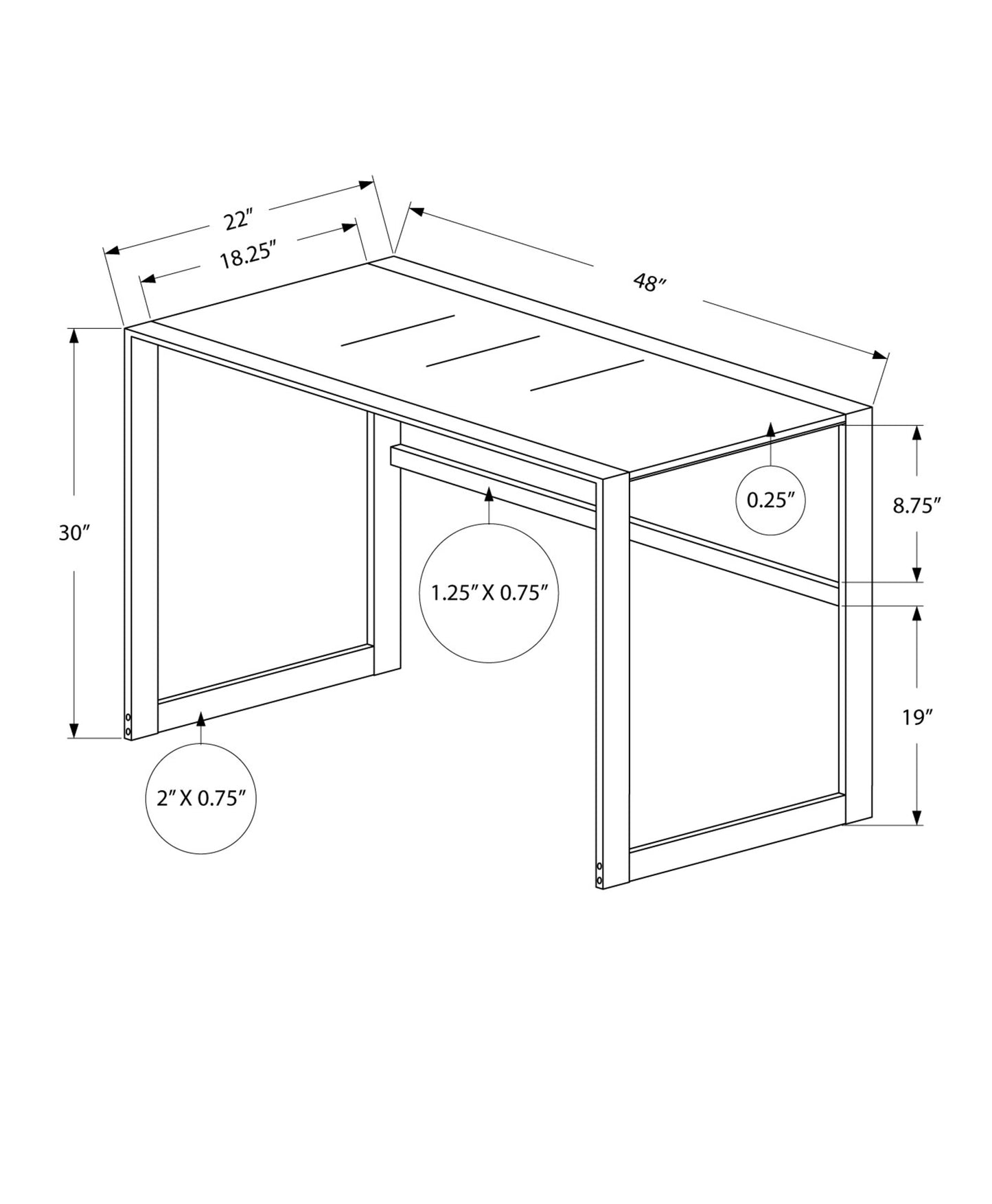 22" x 48" x 30" Silver  White  Tempered Glass  Metal   Computer Desk