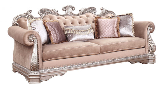 42' X 100' X 42' Velvet Antique Champagne Upholstery PolyResin Sofa w5 Pillows