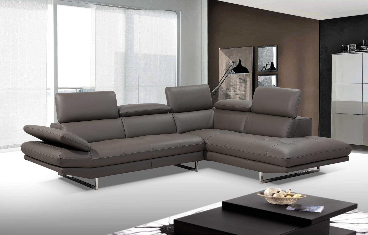 110 X 88 X 29 X 37 Dark Gray Leather Sectional And Chaise