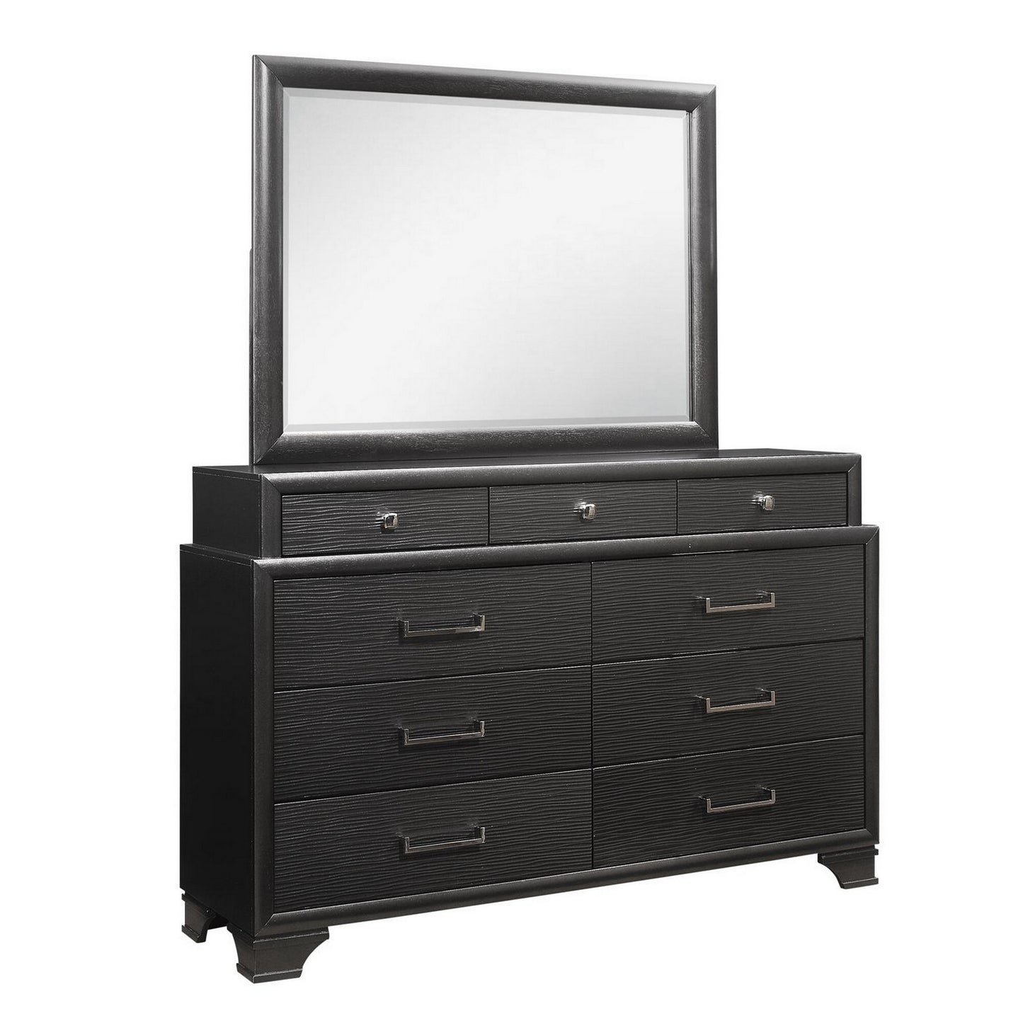 57" Gray Solid Wood Mirrored Nine Drawer