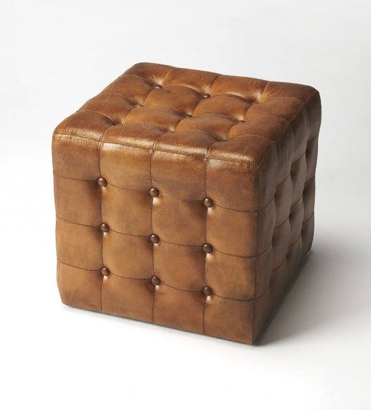 16" Brown Faux Leather Cube Ottoman
