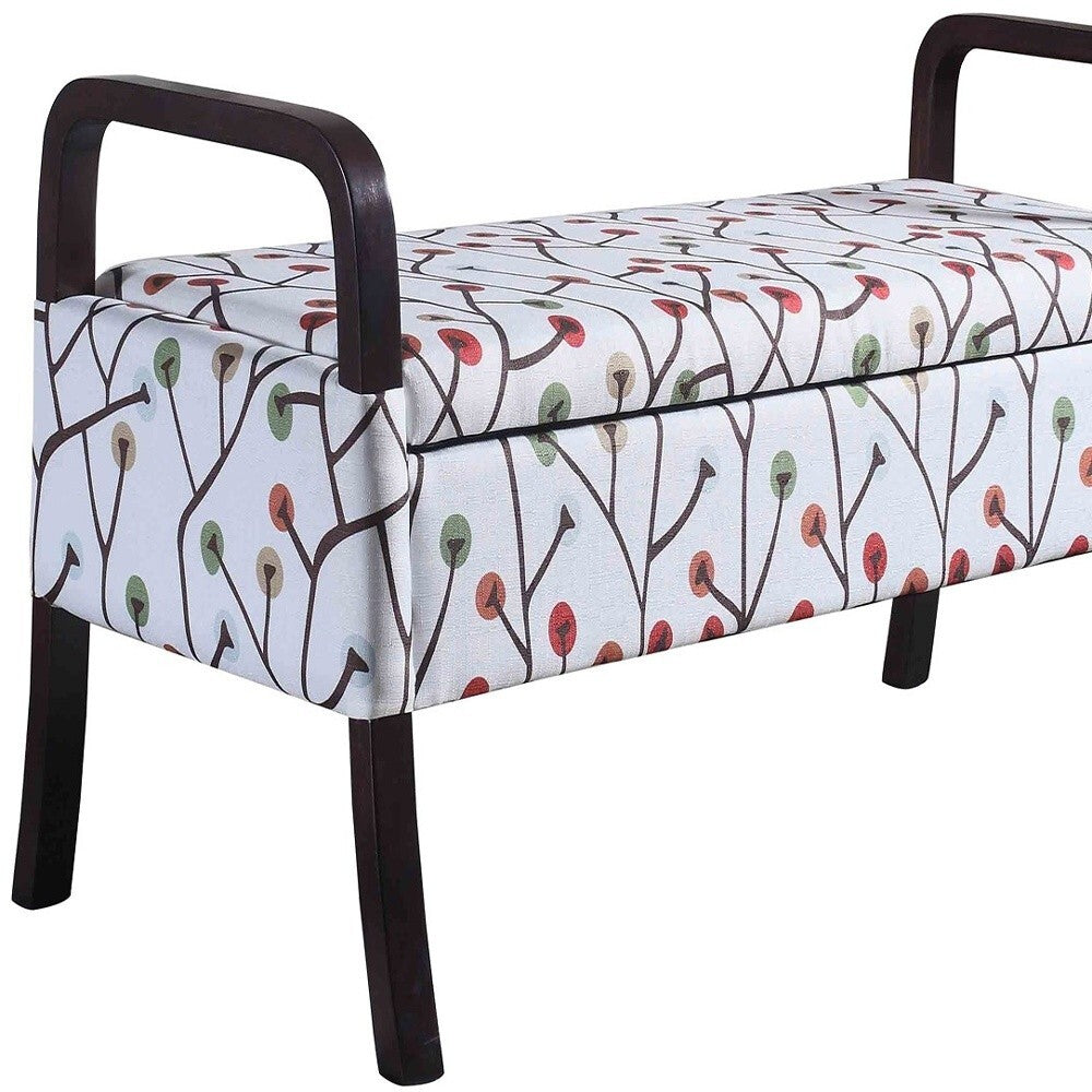 17" Dark Brown And Blue Upholstered 100% Polyester Floral Entryway Bench With Flip Top