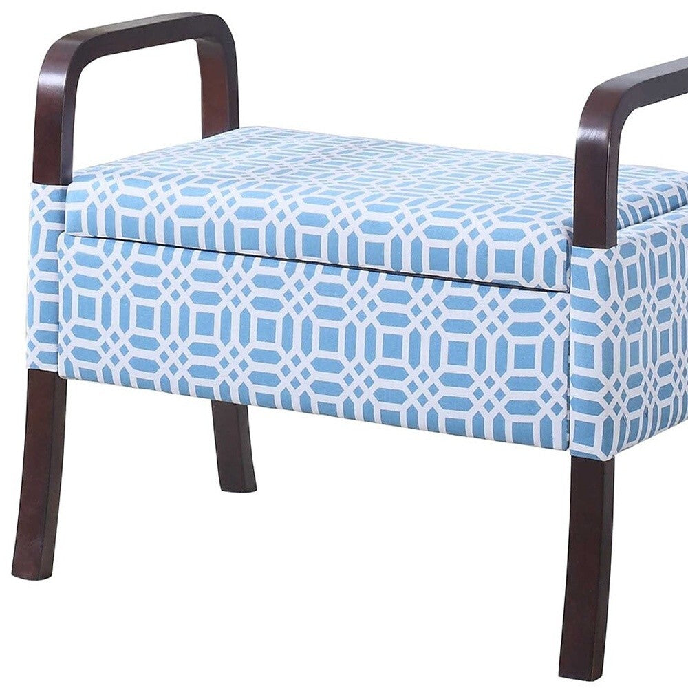 20" Blue And White Polyester And Dark Brown Ottoman